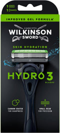 Wilkinson Sword Hydro 3 scheersysteem met 3 carbon gecoate bladen voor scherpte en hydraterende gel formule.