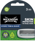 Verpakking van Wilkinson Sword Hydro Trim & Shave met 3 mesjes. Tekst: SKIN PROTECTION For Body & Balls, SLIM HEAD, GEL POOLS, ALOE