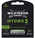 Wilkinson Sword Hydro 3 scheermesjes, 8 stuks. Met verbeterde gel formule voor huidhydratatie, koolstof gecoat voor scherpte en kleine kop voor precisie.