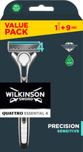 Voordeelverpakking Wilkinson Sword Quattro Essential 4 met scheerhandvat en 9 navulmesjes.